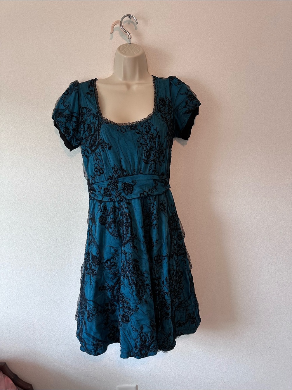 Teal Short Sleeve Fit-and-Flare Dress with Black Lace Overlay